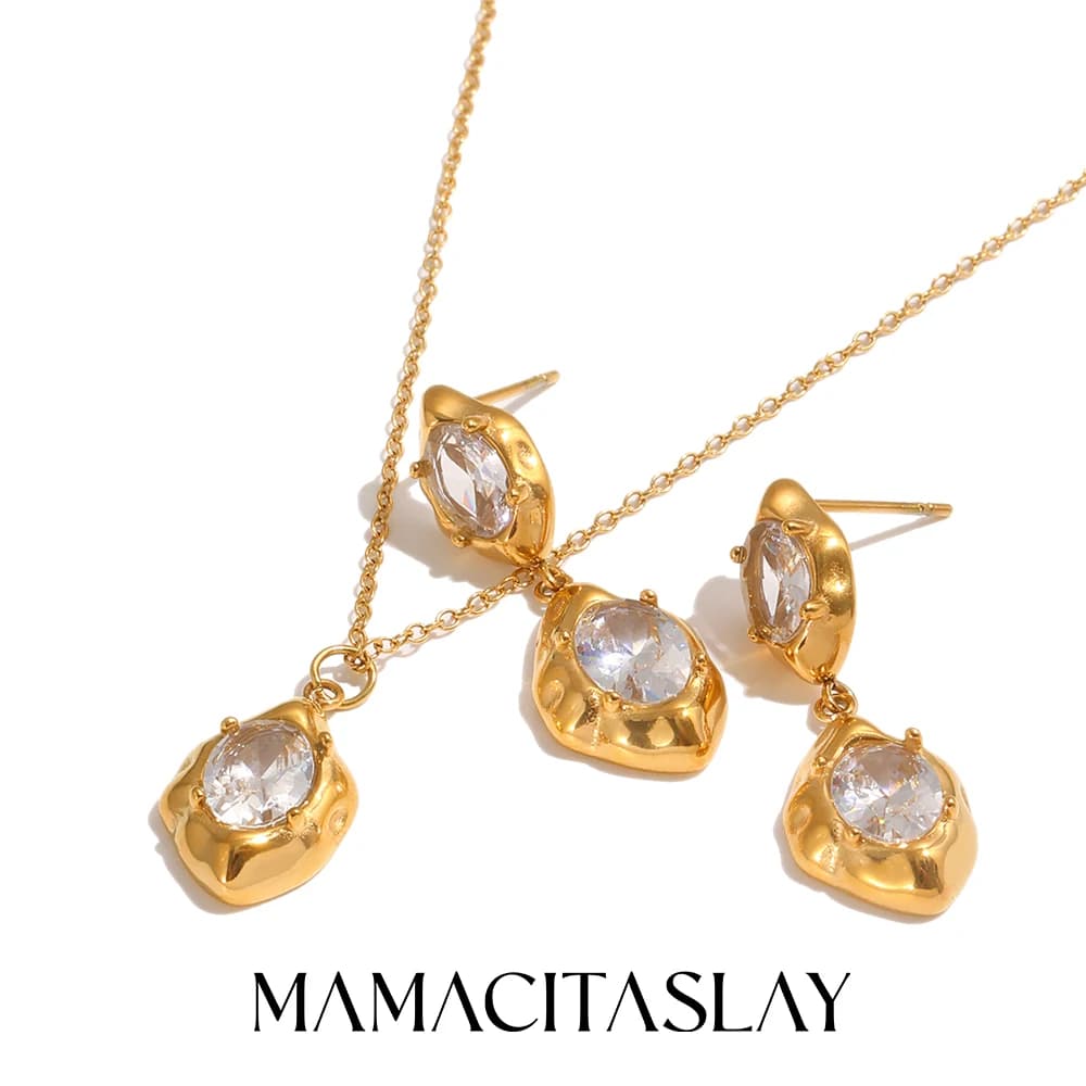 MamacitaSlay 316L Stainless Steel Irregular Hammered Zircon Earrings Necklace 18K Gold Plated Waterproof Jewelry Set For Women