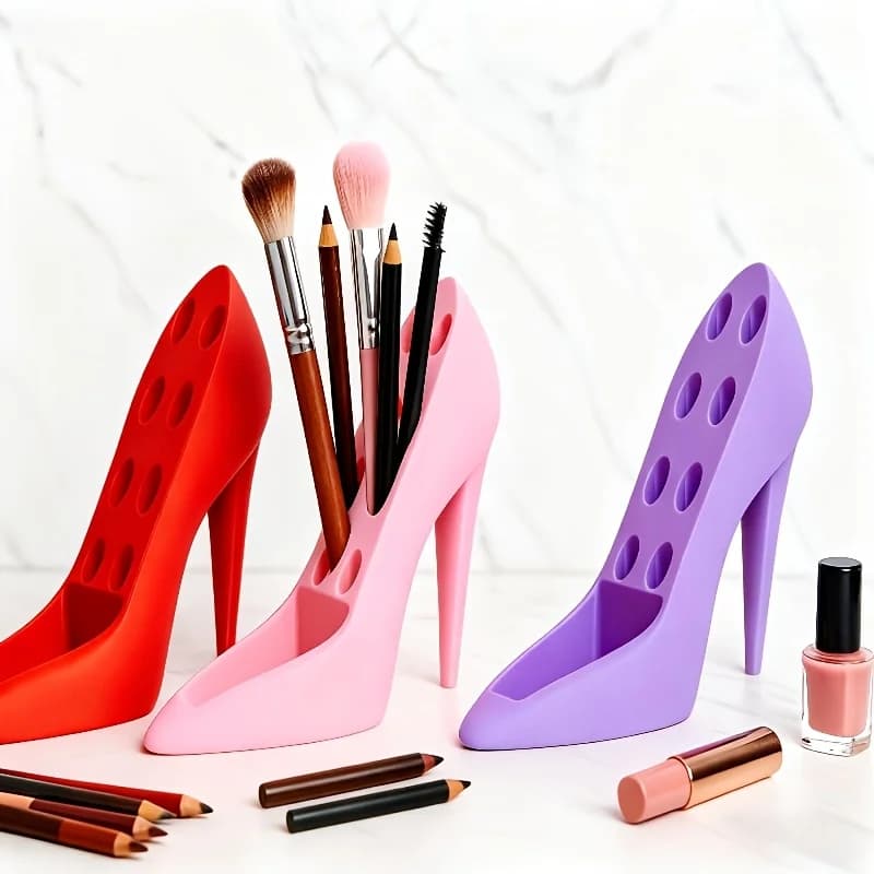 Organizzatore Decorativo per Cosmetici a Forma di Scarpa con Tacco Alto, Porta Trucchi e Pennelli, Espositore per Rossetti e Pennelli da Trucco