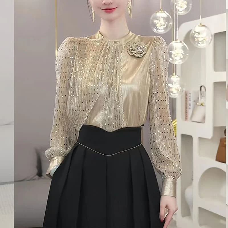Women's Stylish Luxury Sequins 3D Flower Designer Blouse Office Lady Elegant Business Casual Shirts O Neck Long Sleeve Slim Tops