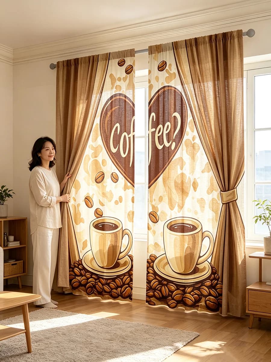 2PCS Digital Printed Curtains, Coffee Cup Beans Heart Pattern, Cafe Kitchen Cozy Decoration for Dining Room Living Room Home Dec