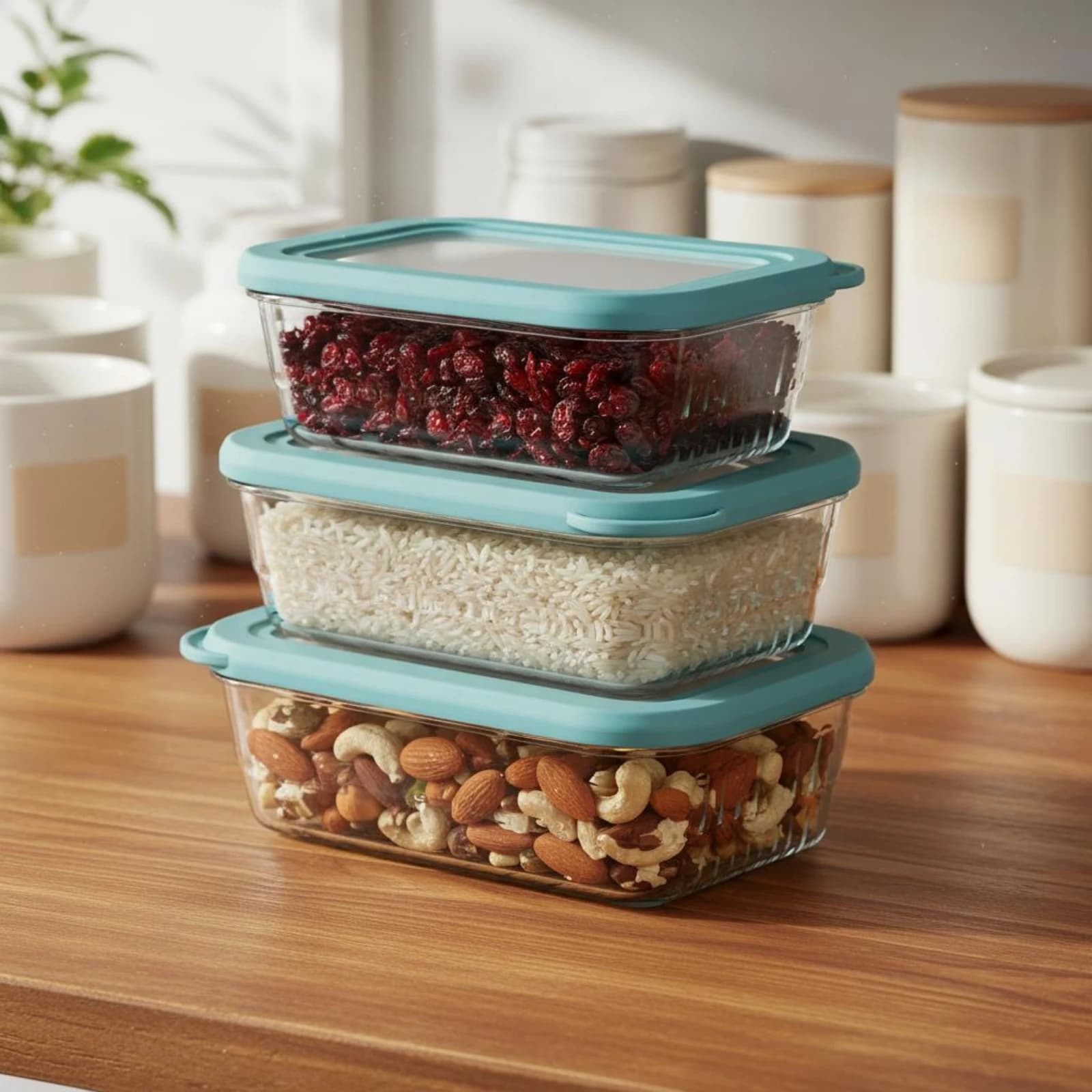 3 Piece Set Glass Food Container Set With Lid Rectangular Meal Prep Container Stackable Glass Storage Box Freezer-Safe