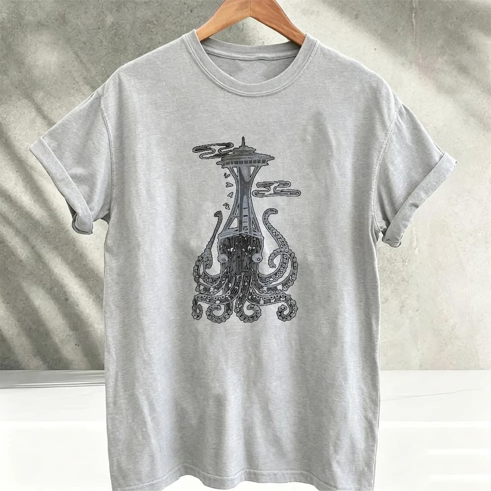Seattle Space Needle Octopus Graphic T‑Shirt Crew Neck Short Sleeve Vintage Sea Monster Octopus Print Soft Cotton Casual Tops