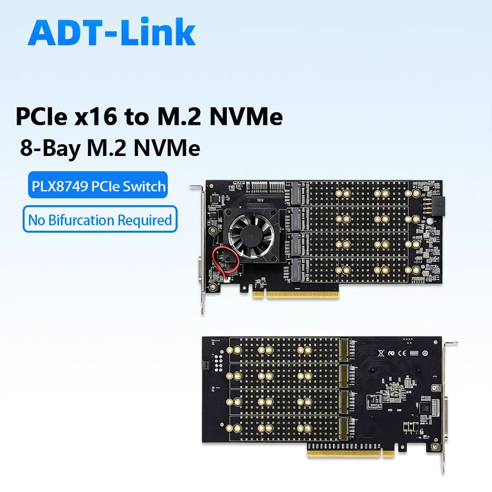 8-Bay M.2 NVMe PCIe Expansion Card PCIe3.0 X16 PLX8749 Non-Bifurcation, Support 22110 NVMe SSD for PC Server NAS Storage Upgrade