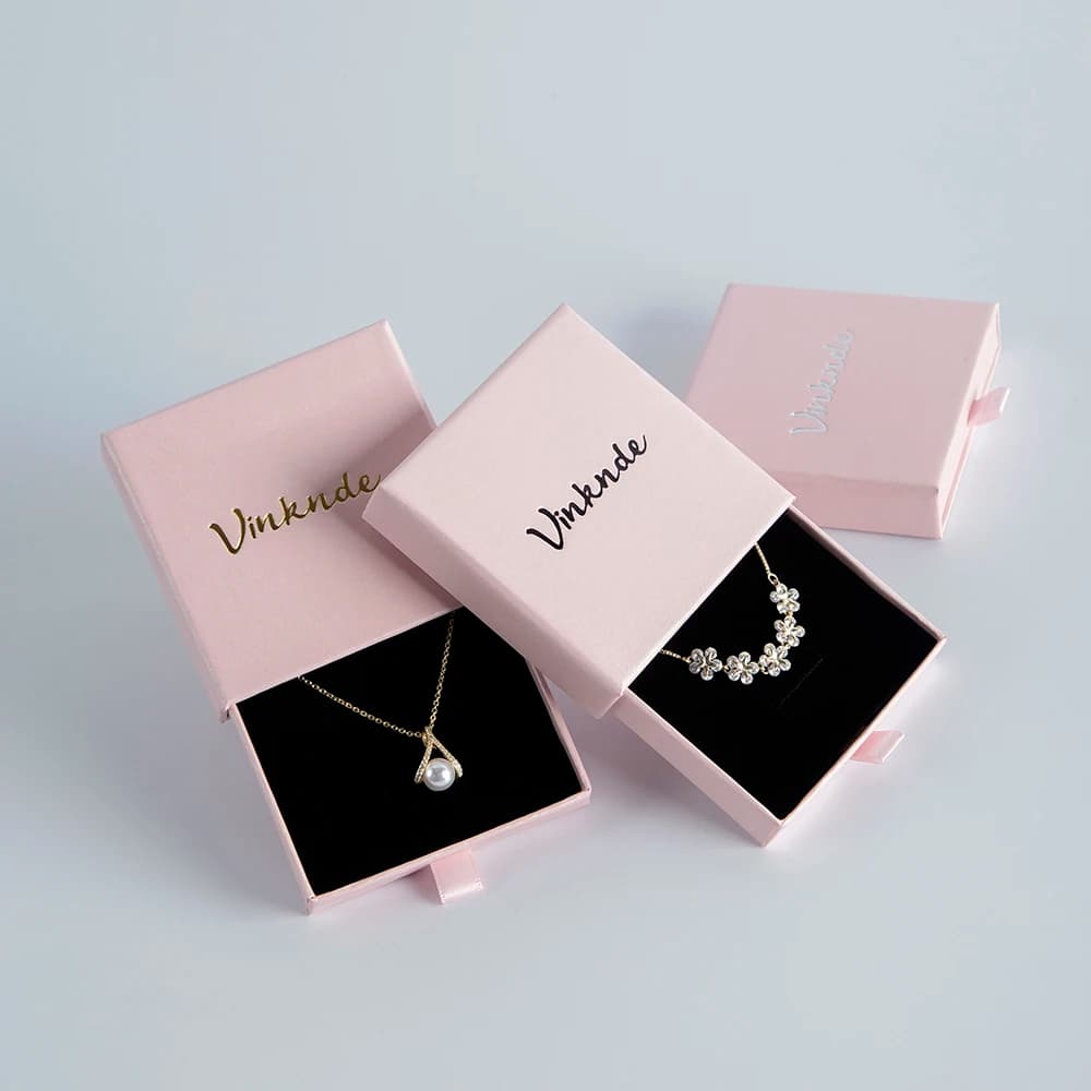 Confezione all'ingrosso da 24 scatole personalizzate per gioielli con logo, in cartone rosa, a cassetto scorrevole, per orecchini, anelli, collane, scatole regalo