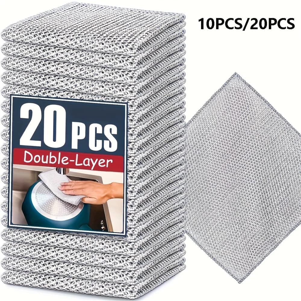 20-5pcs Stretched Steel Wire Cleaning Cloth Non-scratch Double Layer Iron Microfiber Width Dishrag Washing Brush Cooking Towel