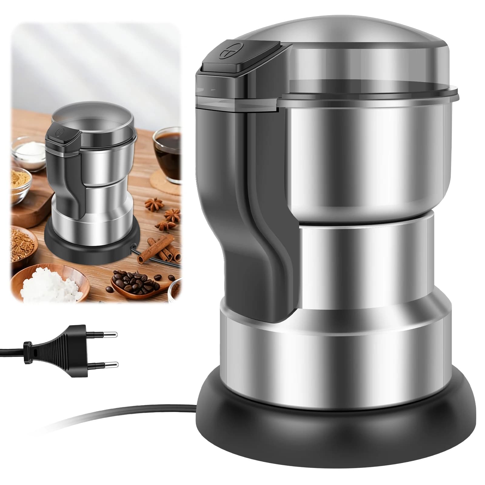 Electric Coffee Grinder 300W One Press Coffee Mill Grinder with Stainless Steel Blades Transparent Lid Portable for Beans Spice