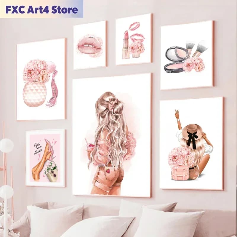 Quadri su tela senza cornice con bottiglie di profumo, tacchi, rossetti e borse - Poster e stampe nordiche per decorazioni murali e arredamento per la stanza