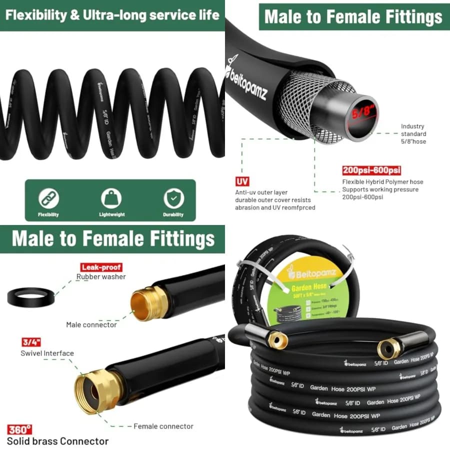 Garden Hose 50 Feet x 5/8 in Heavy Duty Water Hose, Flexible and Durable, Lightweight Rubber Hybrid Hose, Leak-Free Connections