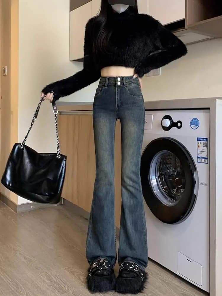 High Waist Retro Bell Bot Jeans Women's plus Size Cotton Stretch Denim Casual Straight Leg Pants mid Rise Bootcut Jeans