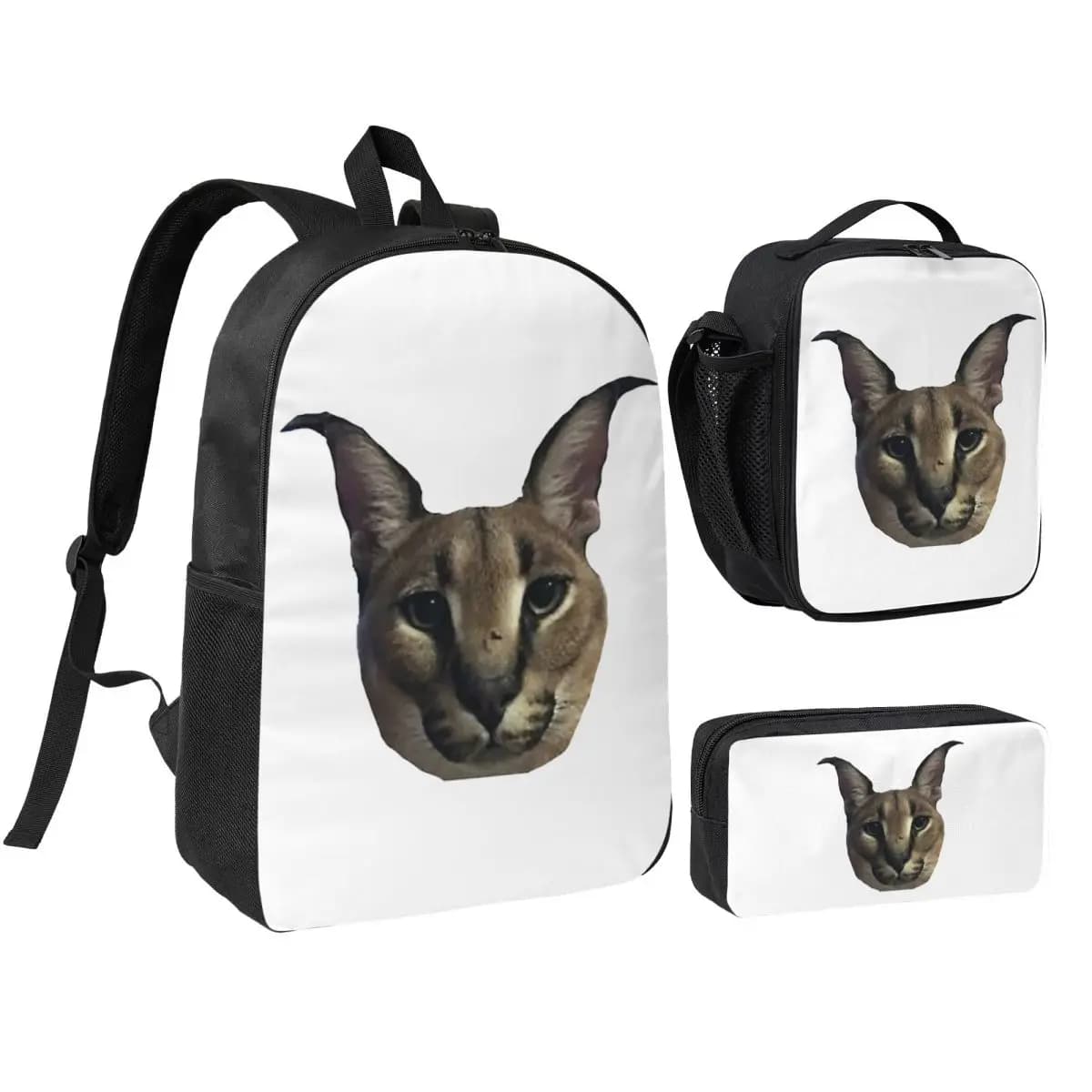 Big Floppa Animal Cat Backpack Boys Girls BookBag School Bag Shoulder Bags 3ps Insulated Lunch Bag Pencil Case
