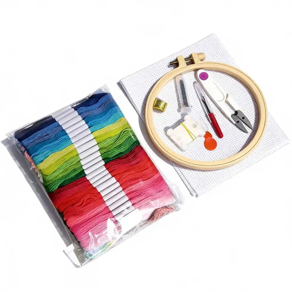 100 Colors Cross Stitch Thread Embroidery Tools Kit - Complete Starter Set with Embroidery Hoop, Aida Cloth, Needles, Scissors,