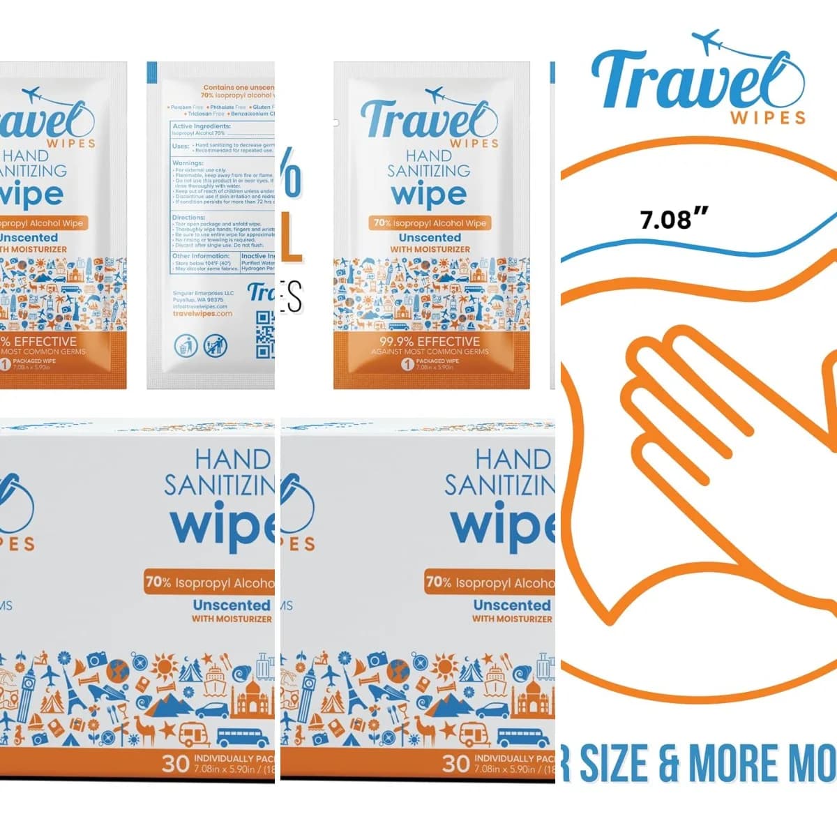 Hand Sanitizing – 30ct Individually Wrapped | Fragrance-Free, Moisturizing, 70% Isopropyl Alcohol Wipes | Travel, Home, Office,