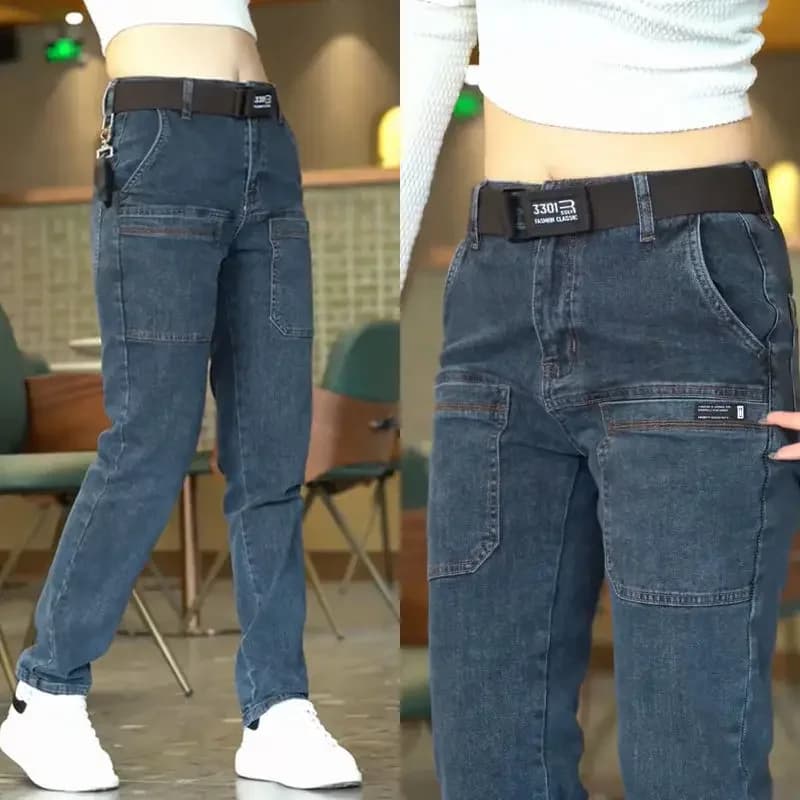 Pantaloni in denim cargo da uomo moda coreana pantaloni casual in denim tascabile blu grigio jeans dritti streetwear da donna
