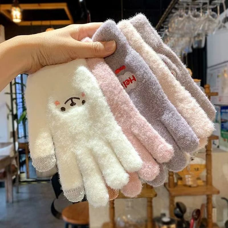 Guanti invernali a cinque dita in velluto di visone carino Guanti in peluche caldi a prova di freddo con dita intere Guanti touch screen da ciclismo all'aperto da donna