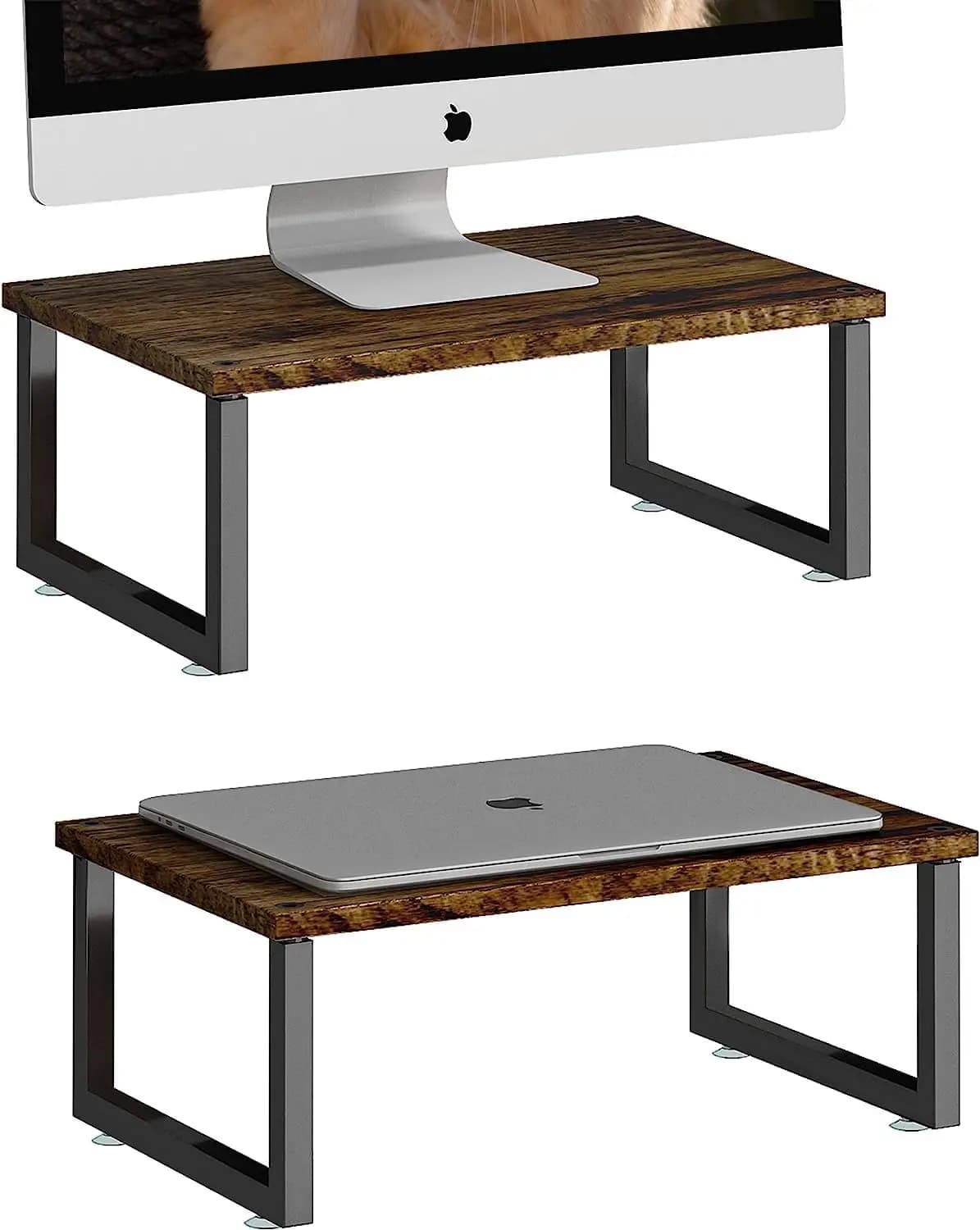 Set di 2 Supporti per Monitor in Legno, Organizzatore Ergonomico da Scrivania per Laptop e Computer in Marrone Anticato