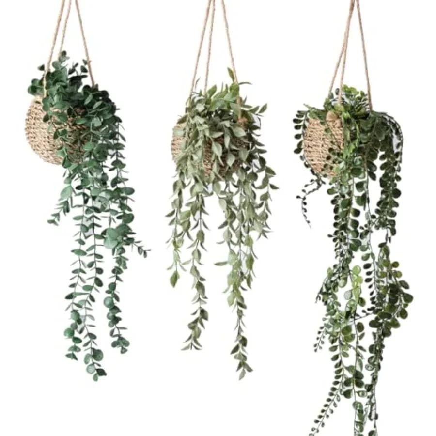 Set di 3 Mini Piante Artificiali Pendenti in Cesto per Decorazione Parete, Soggiorno, Bagno, Mensola, Interni Casa