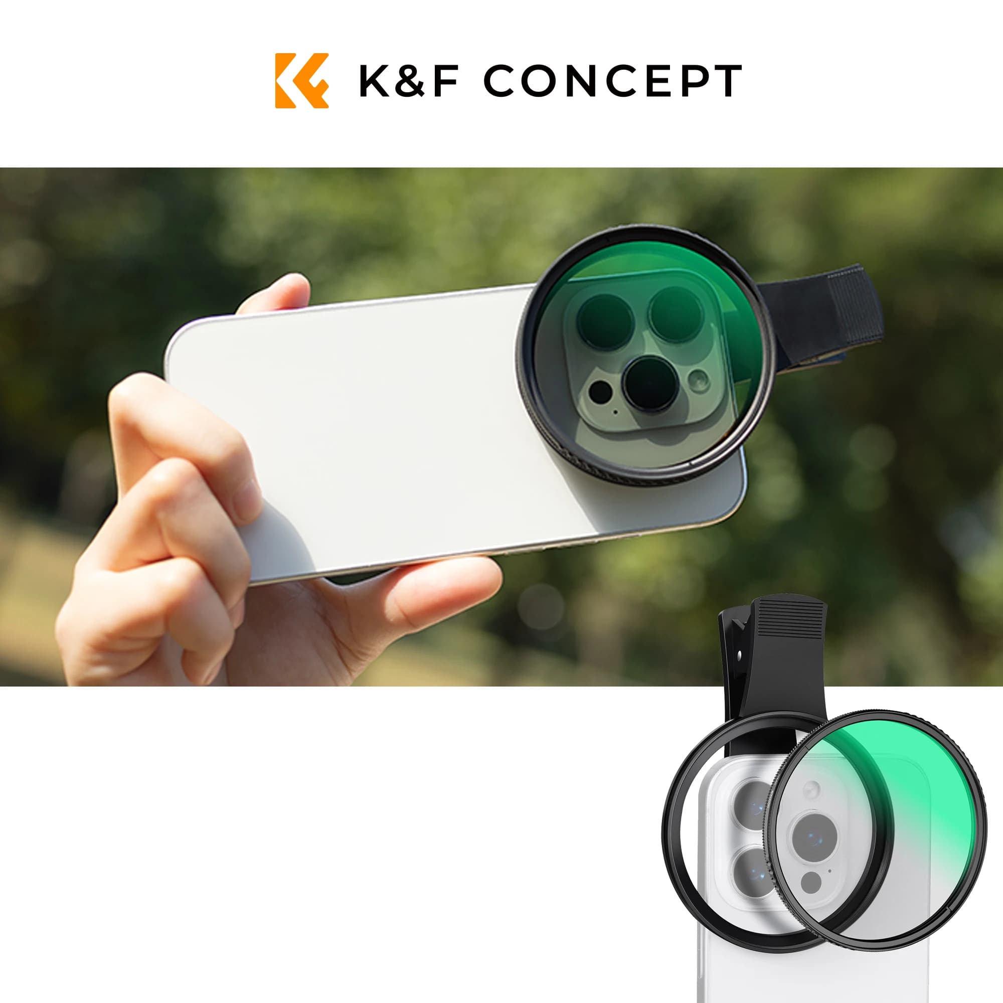 K&F CONCEPT Clip-On Filter Kit Phone Clip + CPL / ND2-32 / Black Diffusion 1/4 Filter 67mm Threaded for Phone & Camera Lens