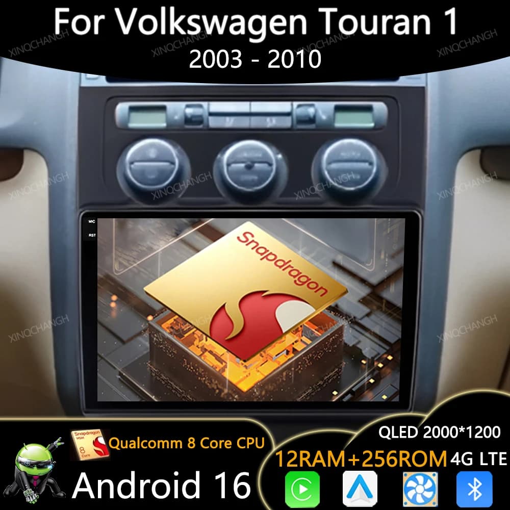 Android 16 Car Radio For Volkswagen Touran 1 2003 - 2010 Qualcomm Head Unit Carplay Auto Multimedia Video Player 4G WIFI 2DIN BT