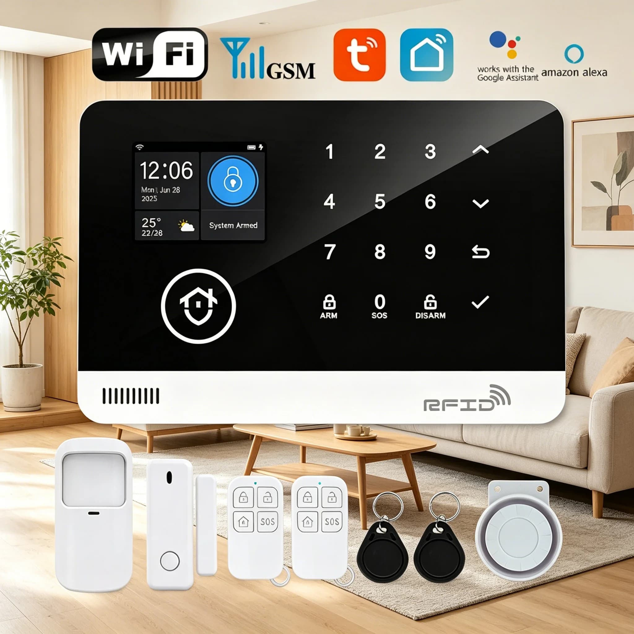 Sistema di allarme domestico wireless WiFi GSM Tugard, controllo vocale Alexa, sirena da 120 dB, sensore di movimento, telecomando