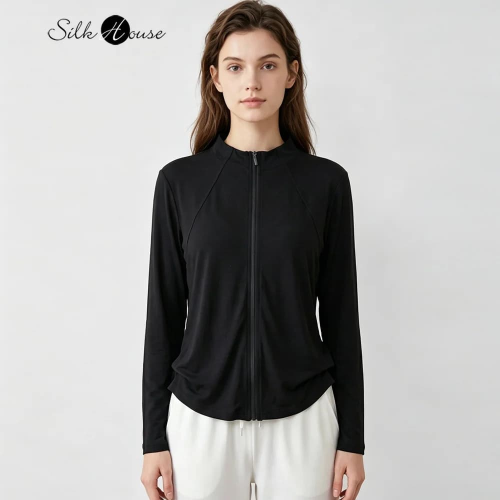Plus Size Women's Casual Summer Thin Natural Mulberry Silk Stand Collar Long Sleeved Skin Friendly Comfortable Sunscreen Clothes