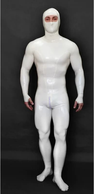 Catsuit in lattice bianco intero fatto a mano da uomo, con foro per gli occhi, in gomma, con mezze guanti e anello per le dita, con cerniera sul cavallo, per cosplay