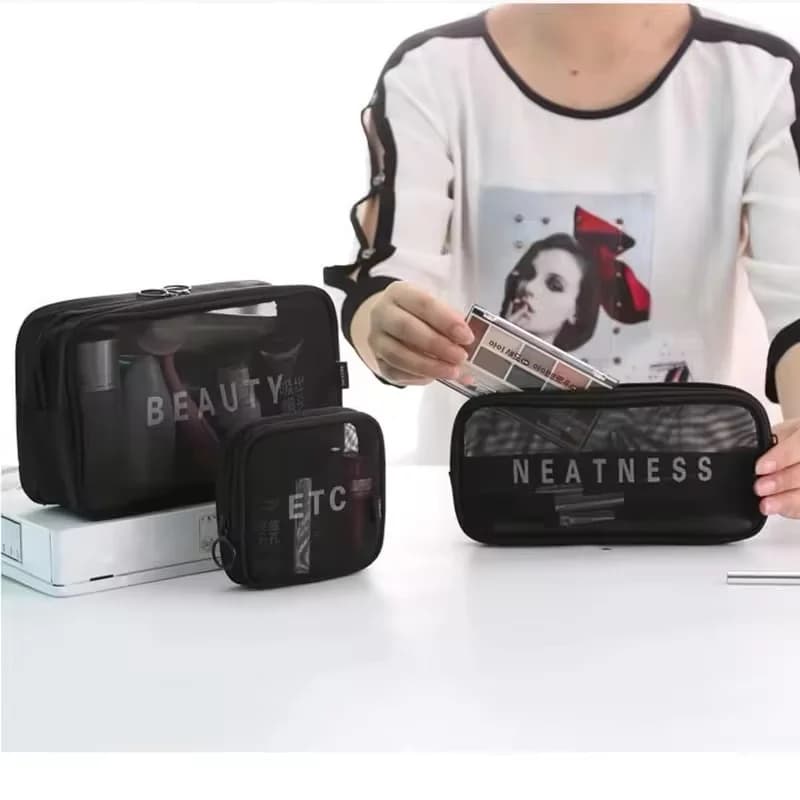 Set di 3 Borse da Viaggio per Cosmetici da Donna, Trasparenti con Cerniera, Organizer per Trucchi, Pochette Portaoggetti, Kit da Toilette e Bellezza
