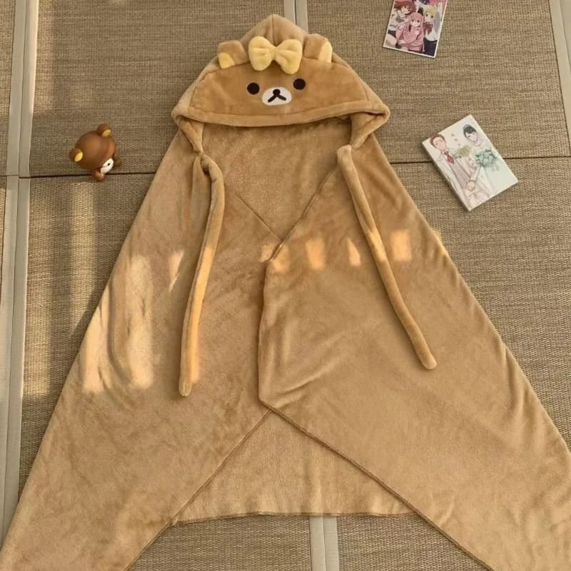 Rilakkuma Hooded Air‑Conditioning Blanket, Cute Fashion Cartoon Shawl Cloak, Warm Lazy Nap Cape for Office