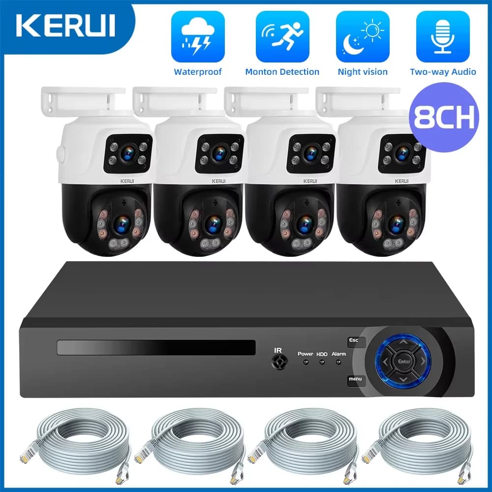 Kit Home Security Camera System KERUI 4K 8CH POE NVR with Dual Lenten PTZ Camera Full HD 6MP, CCTV Surveillance System H.265