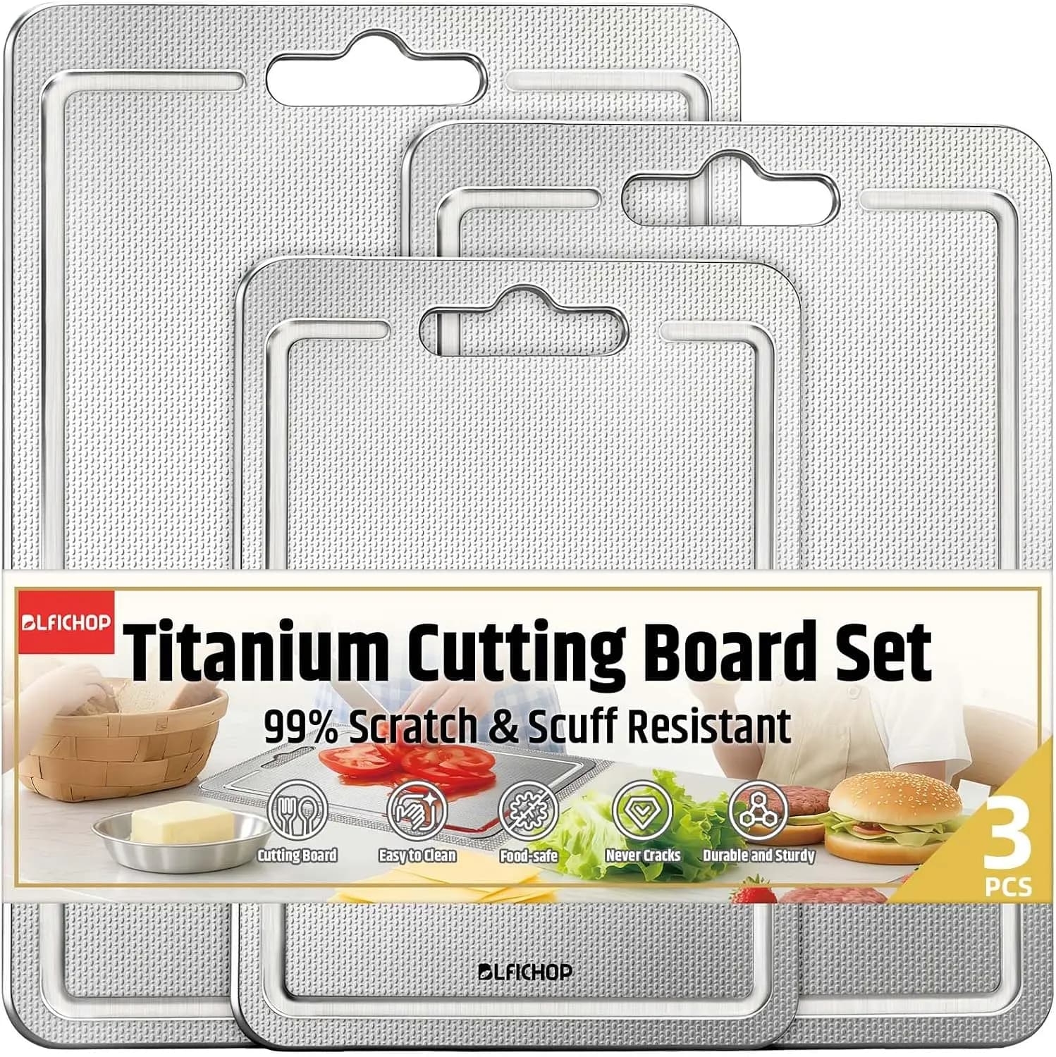 3-Piece Titanium Cutting Board Set, Double-Sided Scratch-Resistant Chopping Boards with Juice Grooves, Non-Slip Mat, Dishwasher Safe for Kitchen