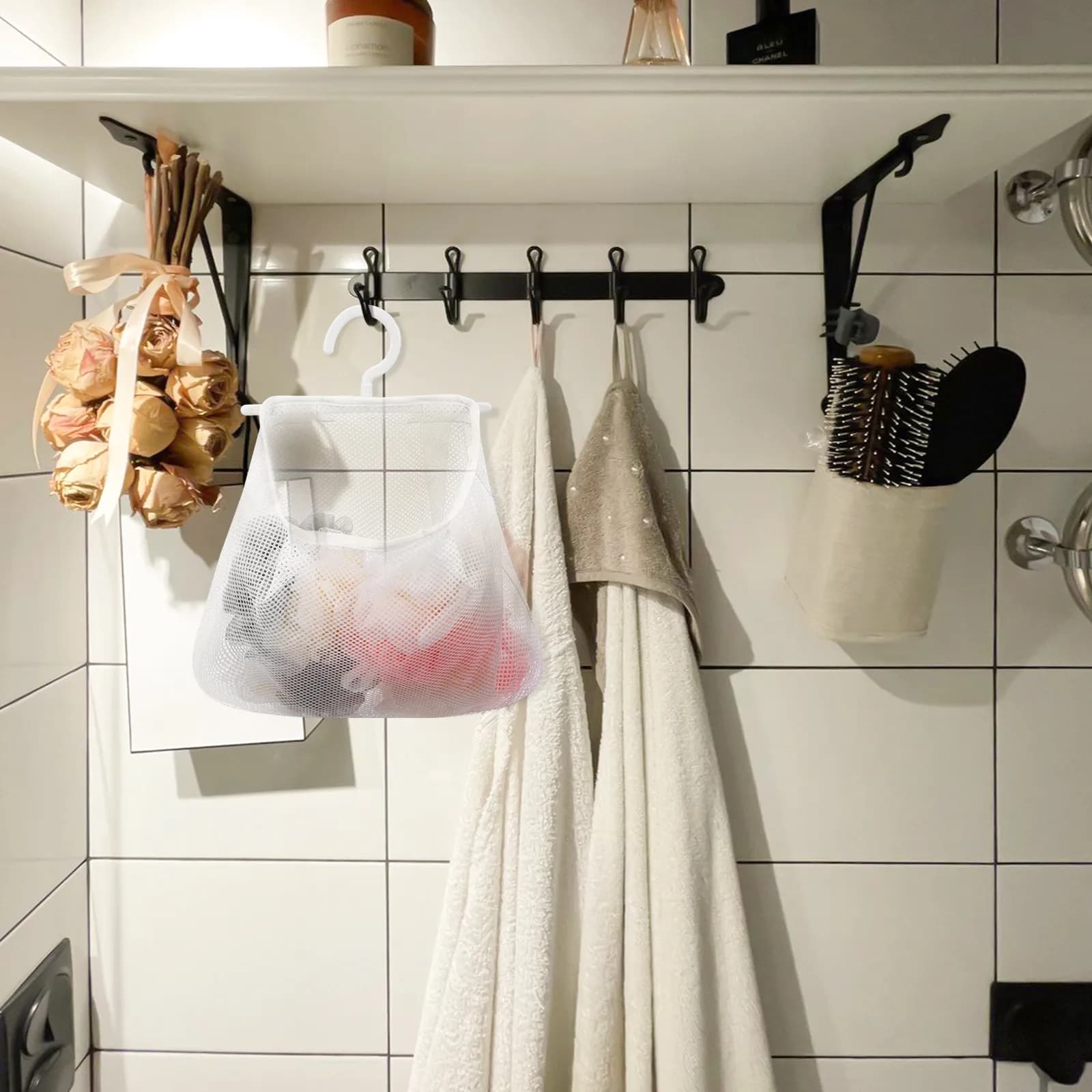Clothespin Hanging Storage Bag 34.7x27.6cm Breathable Mesh Bag Multi-Functional Kitchen Laundry Bathroom Holder