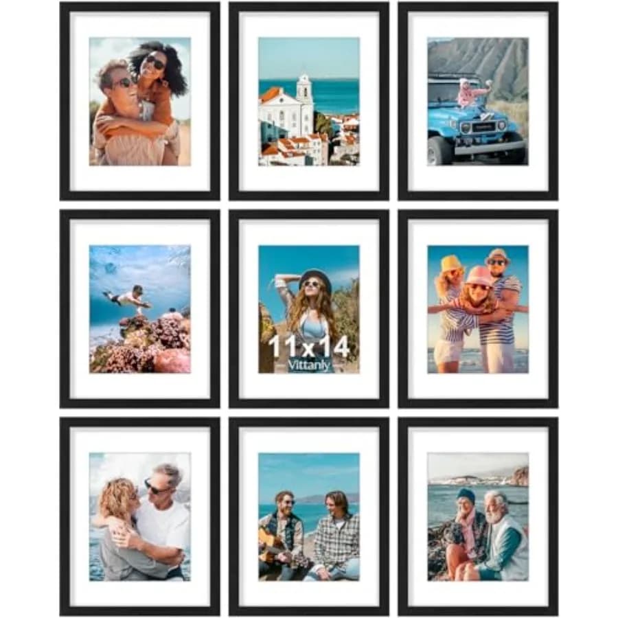 Picture Frames Set of 9, Shatter Resistant Plexiglass, Display Pictures with Mat or without Mat, Photo Frames for Wall or Table