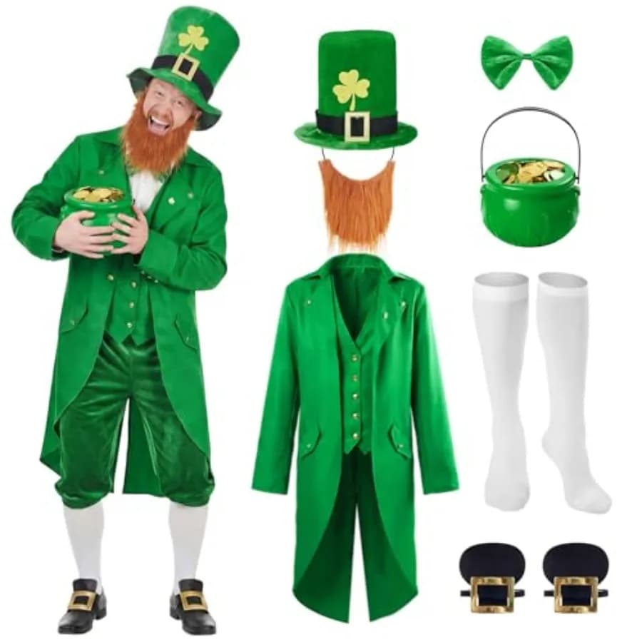 Leprechaun Costume Set for Adults, 9 Pieces, for San Patrizio: Dress Green, Hat, Barba, Papillon, Spilla, Shoes, Buckle, Brock