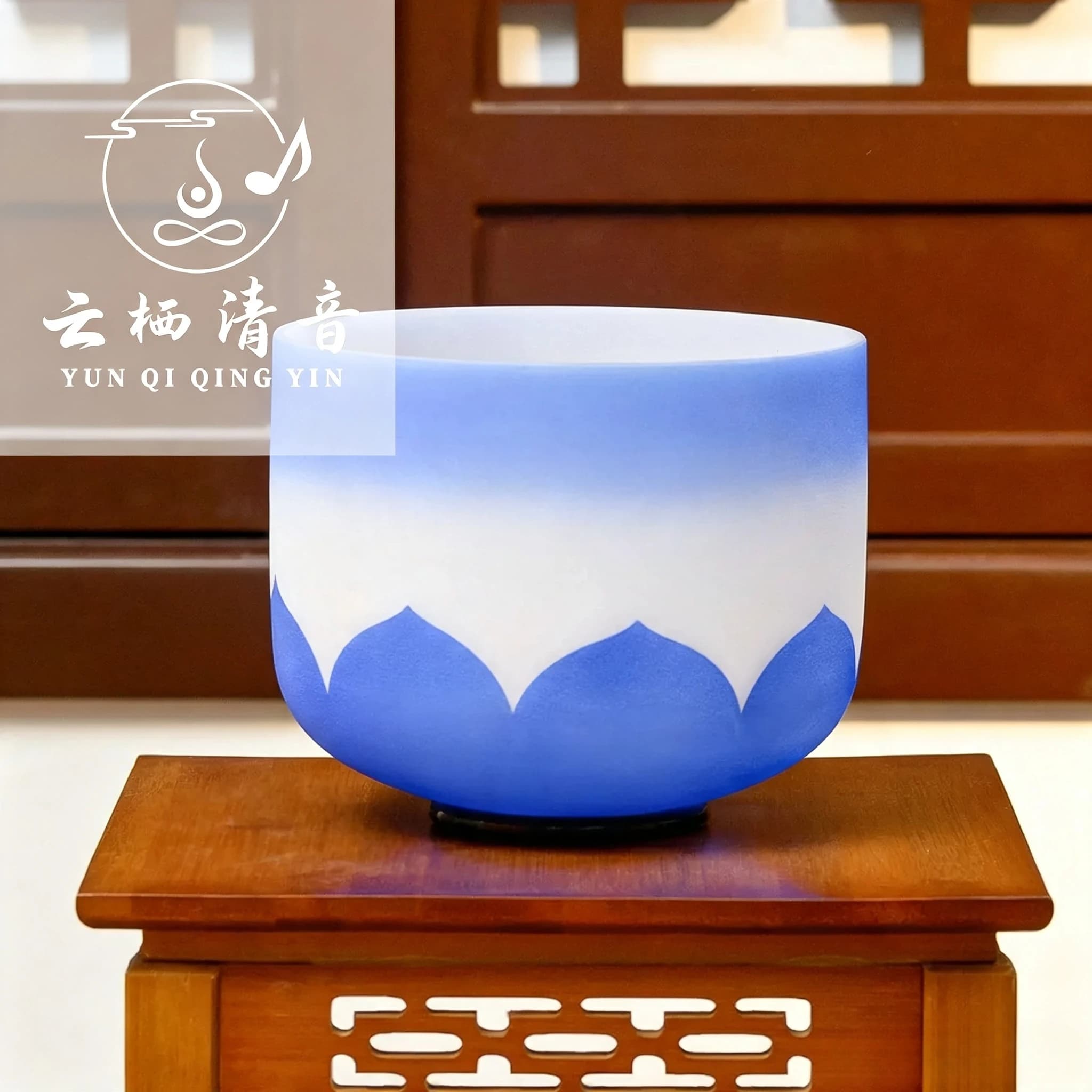 Yunqiqingyin 8 Inch Throat Chakra G Note Frosted Crystal Singing Bowl Blue Lotus Pattern Meditation Sound Healing Instrument