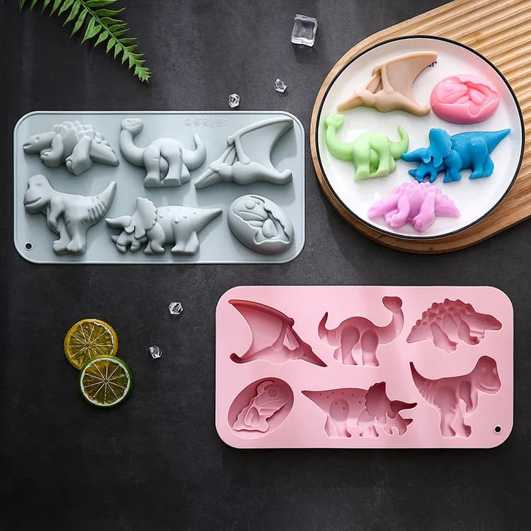 6 diverse forme di dinosauri, stampi in silicone per torte, stampi per dessert, sapone fatto a mano, stampi per gelatine e budini