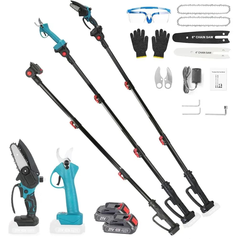 Potting shears for poles without brushes 4 in 1, shears electric pruning and mini chain saw with rod, electric pruning 21 V battery with 2 pieces