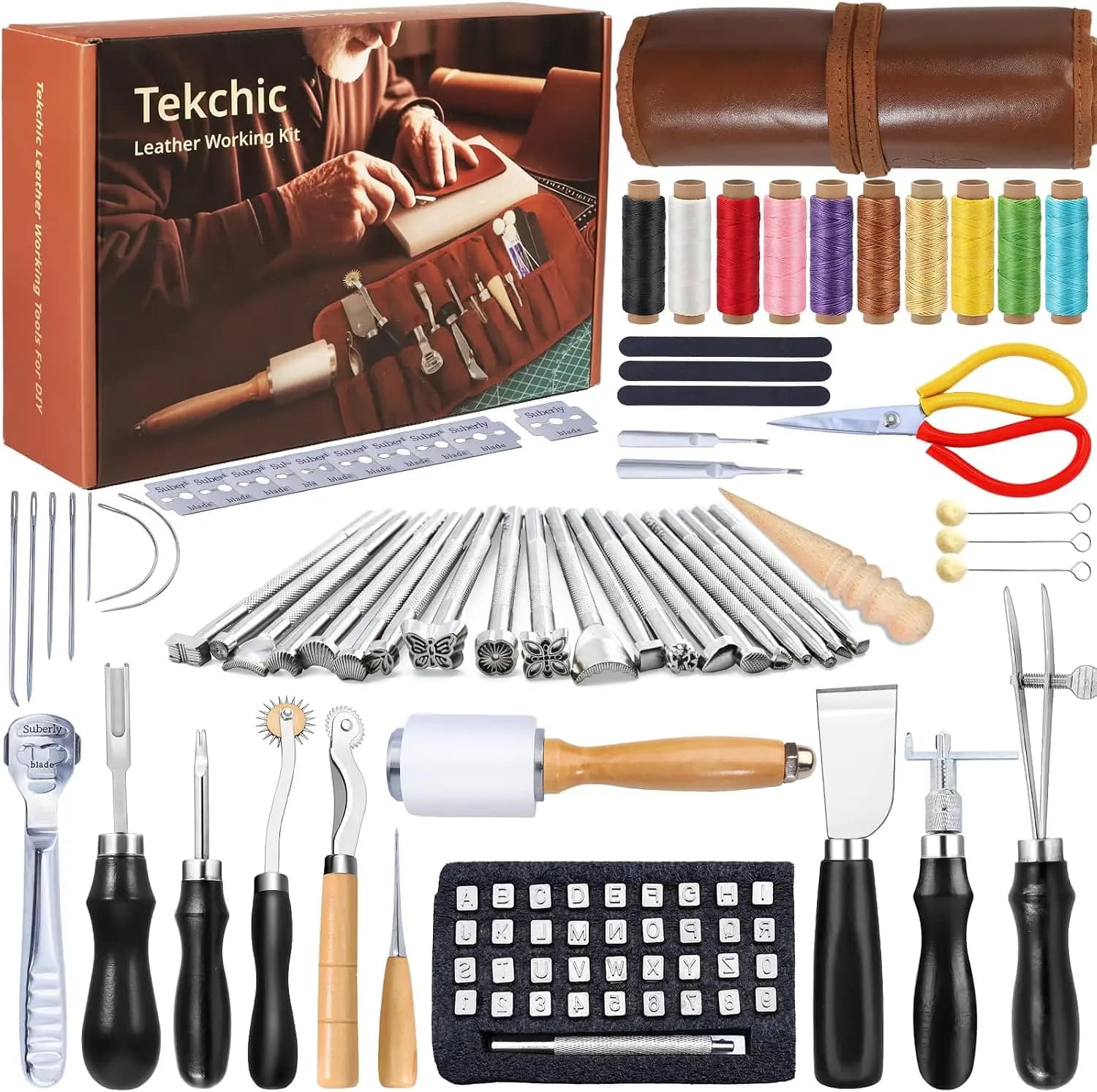 Leather Working Tools Craft Kit for Carving Stamping Sewing Punching Cutting with Storage Bag Professional Leather Tooling kit for DIY Crafting