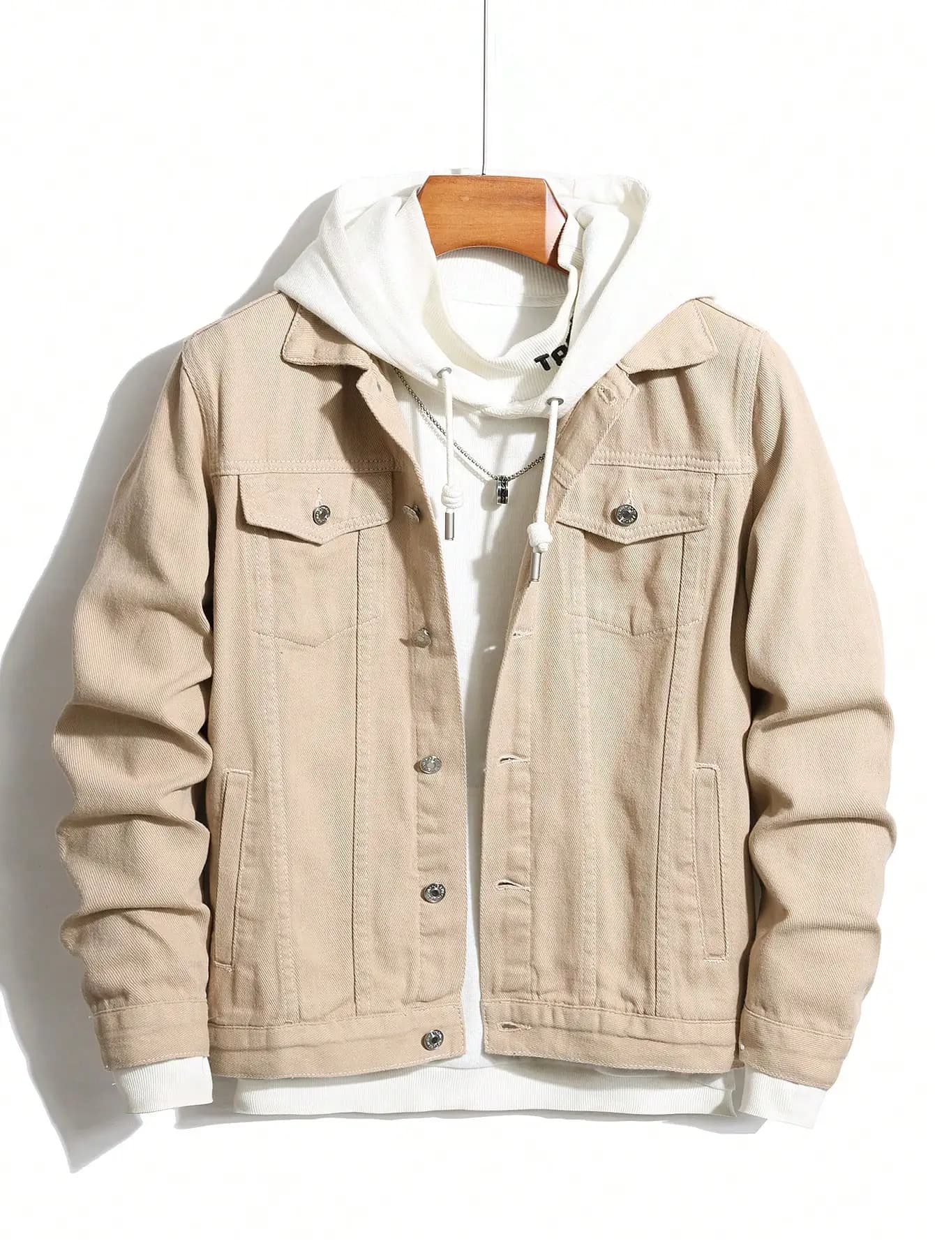en's denim jacket for spring and autumn. Khaki simple coat. For daily casual wear, with a street - casual and trendy style.