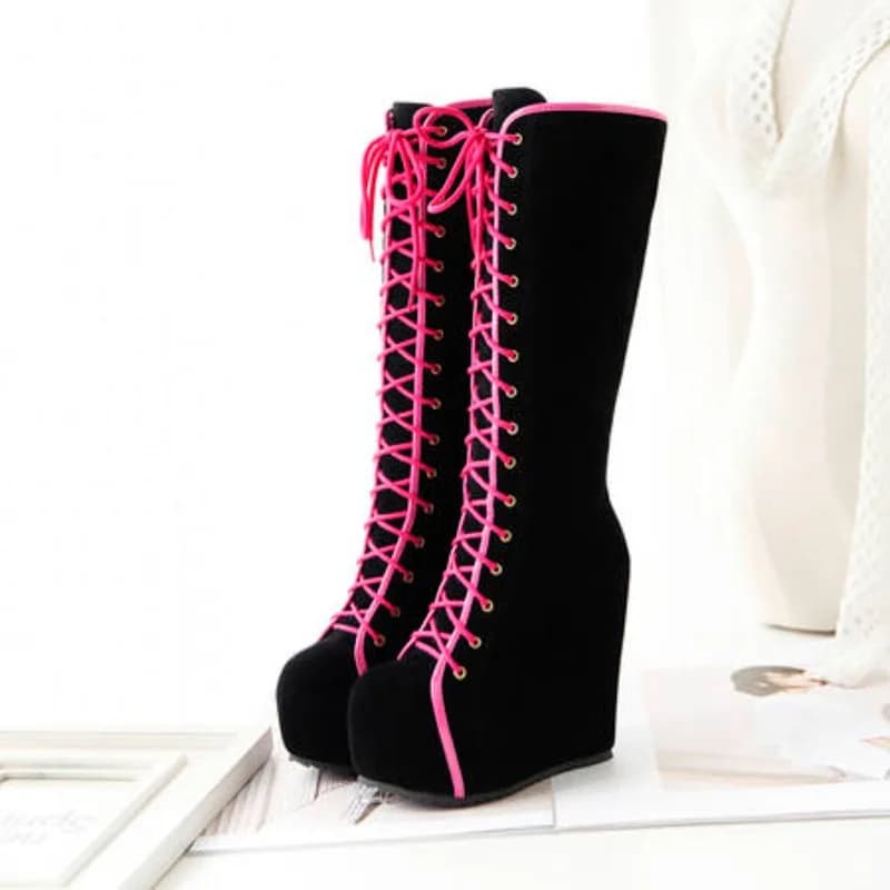 Fashionable High Knee Boots Women's Platform Chunky Hedge Pumps Women's High Boots Stringed Round Toe Black Dance Shoes For Girls