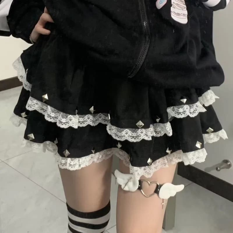 Gonna con rivetti, gonna a strati in pizzo, gonna a pieghe stile Harajuku Y2K per ragazze millennial