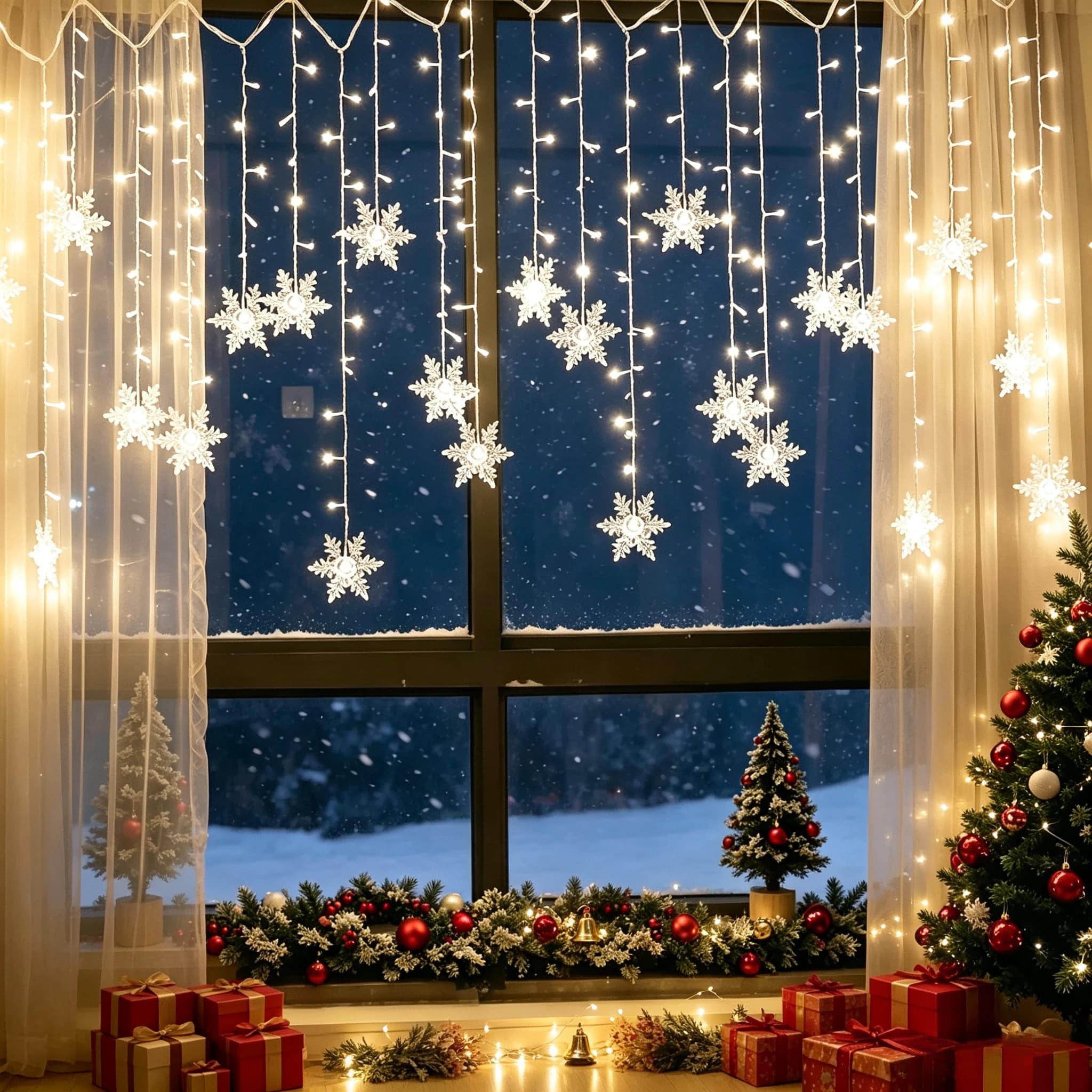 LED Snowflake Curtain Fairy Lights 3M, Flashing String Lights Outdoor Christmas Wedding Home Holiday Party Decor