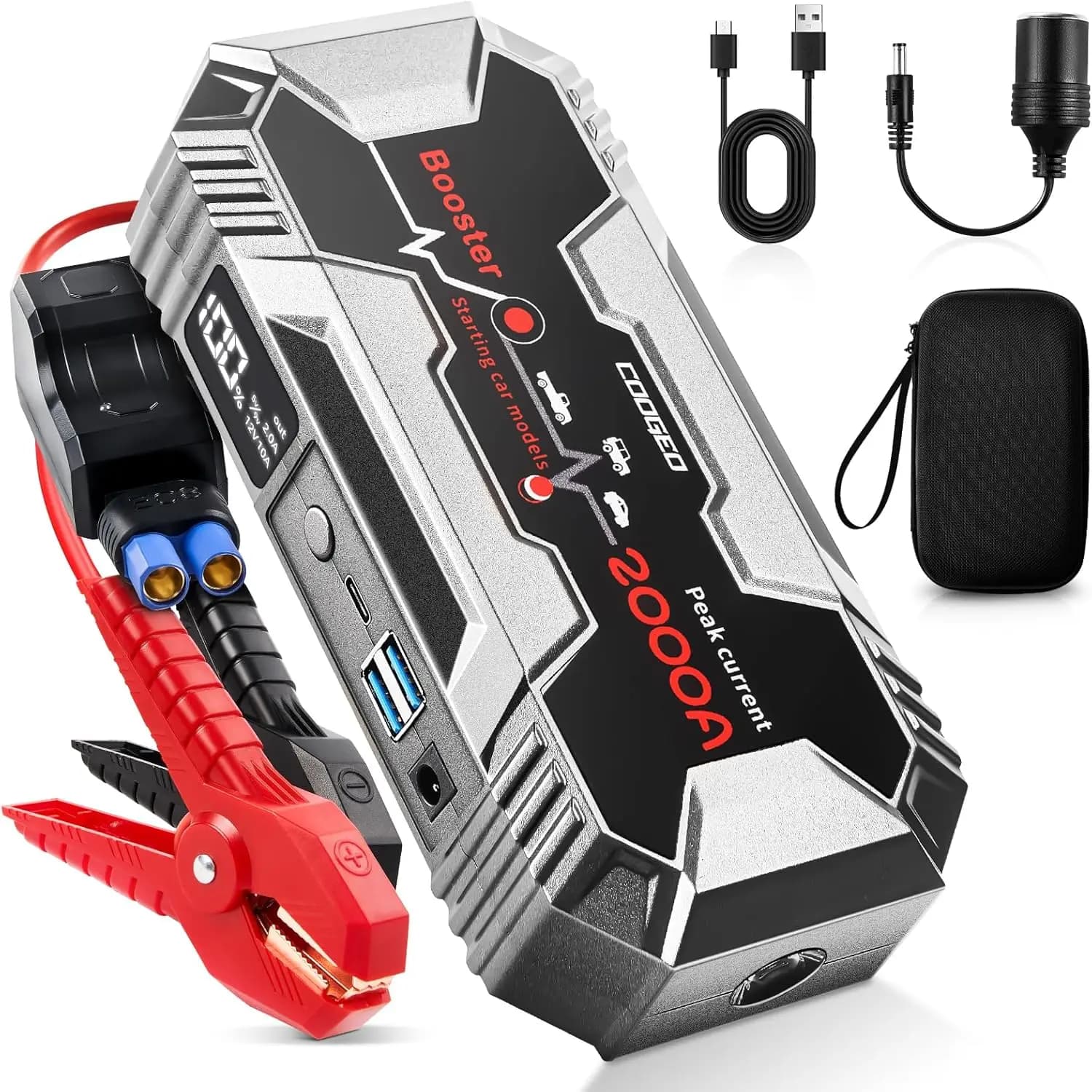 Avviatore portatile per auto da 2000 A, pacco batteria da 12 V per motori a benzina 8,0 litri e 6,0 litri, nero
