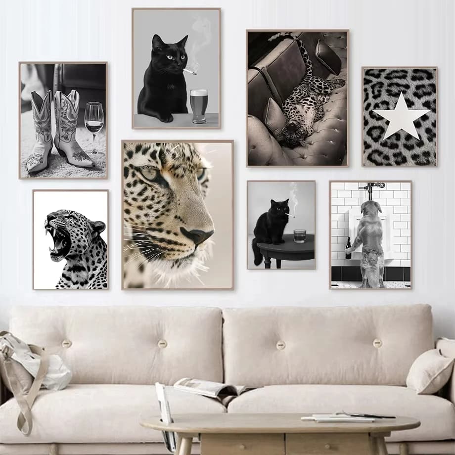 Poster di animali con stampa leopardata in bianco e nero alla moda, leopardo giocoso, gatto nero, vetro da vino, tela da parete, decorazione per la casa, bar