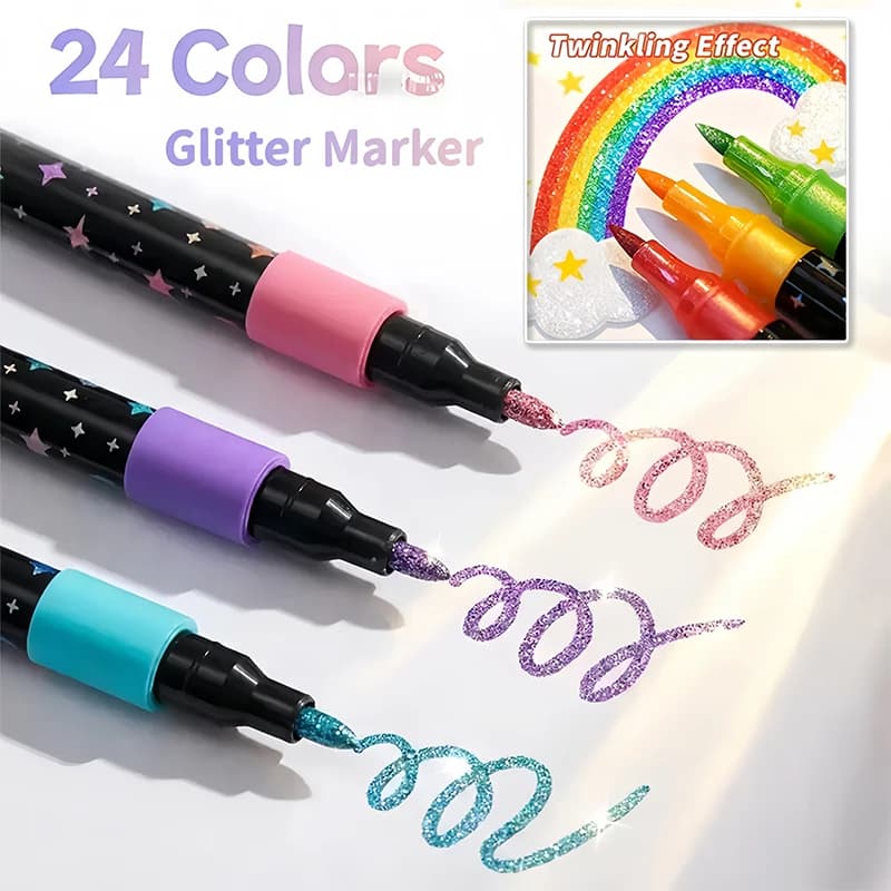 24Color Double-head Glitter Markers Pen Set with Quick-drying Adhesive Ink-thin Nib, Suitable for Scrapbooking,Card Making,Diary