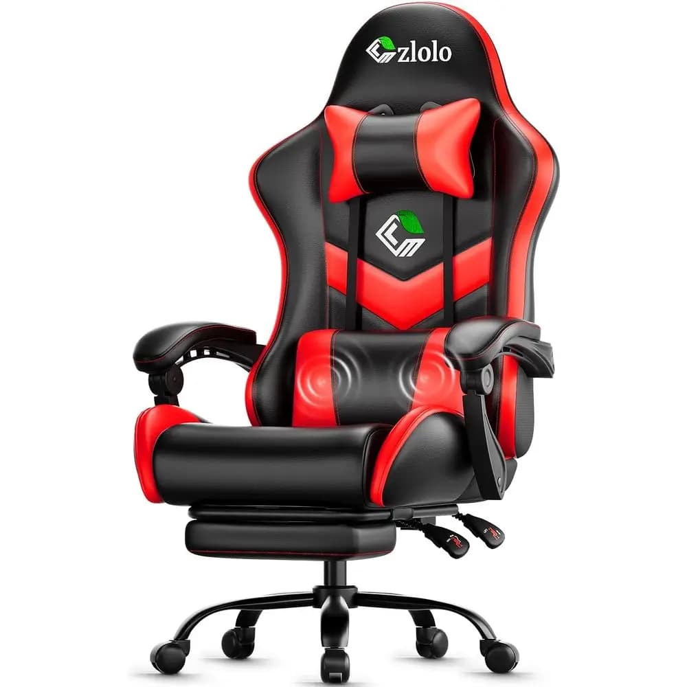 Sedia da Gaming Ergonomica con Poggiapiedi, Massaggiatore Lombare, Design ad Alto Schienale, Reclinazione e Altezza Regolabili, Rossa