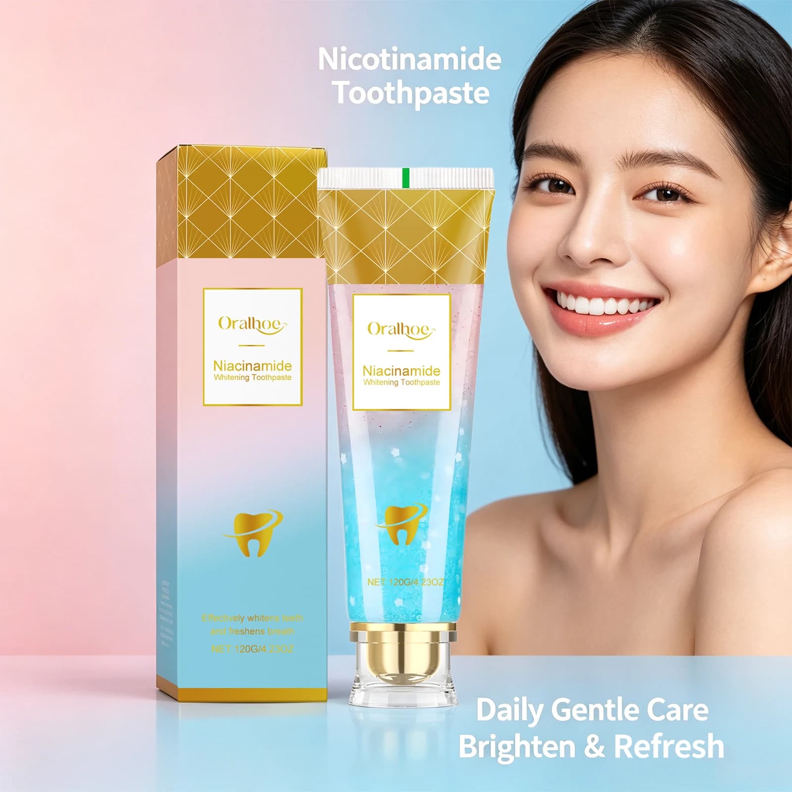 Dentifricio Whitening Niacinamide, Safe for Nail Polish, For Brightest Tooths, Removes Macchie Coffee, Tea and Smoke, Fresh Food, Oral Care