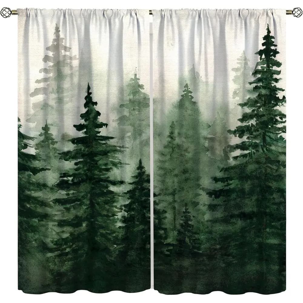 Green Forest Window Curtains, Watercolor Misty Trees, Natural Landscape Print for Bedrooms, Living Rooms, Kitchens, 84x84 inches
