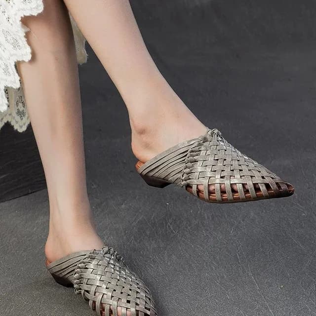 Spain Glas Handwoven Leather Slippers Pointed Toe Breathable Versatile Cowhide Thick Bottom Flat Heel Summer Shoe