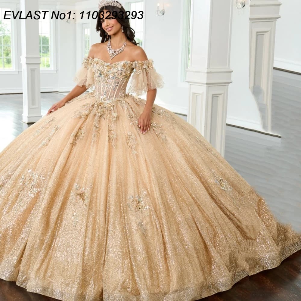 EVLAST Customized Elegant Champagne Quinceanera Dress Ball Gown 3D Floral Applique Beading Sweet 16 Vestidos De 15 Anos AQ128