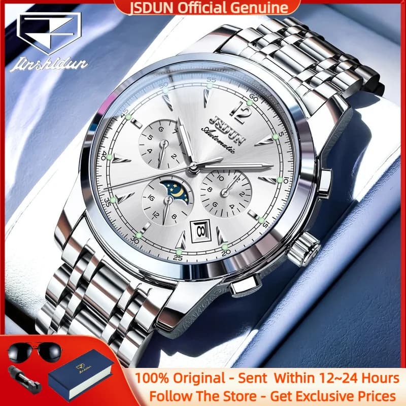 JSDUN 8750 Orologio da uomo Originale di fascia alta Impermeabile Luminoso Fasi lunari Multifunzionale Orologio meccanico automatico da uomo di marca Regalo