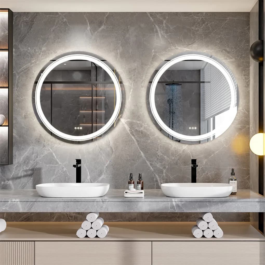 Specchio da parete rotondo 600/800/900MM Specchio da bagno a LED Luce frontale + Specchio da parete retroilluminato 3 colori